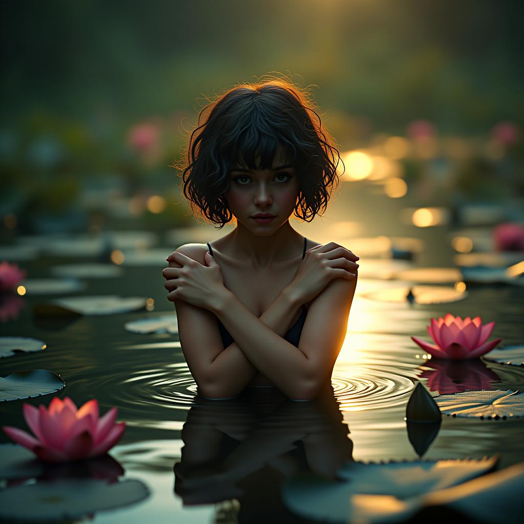  a captivating and mesmerizing image of an extremely 2 old , in a serene, lotus filled lake. her short, curly hair is and she crosses her arms over her to disguise her modesty. the vint, dark fantasy setting is illuminated by a warm, golden light that casts a mystical glow over the water. surrounding it are beautiful water lilies and lotus flowers, adding to the enchanting ambience of the setting., photo