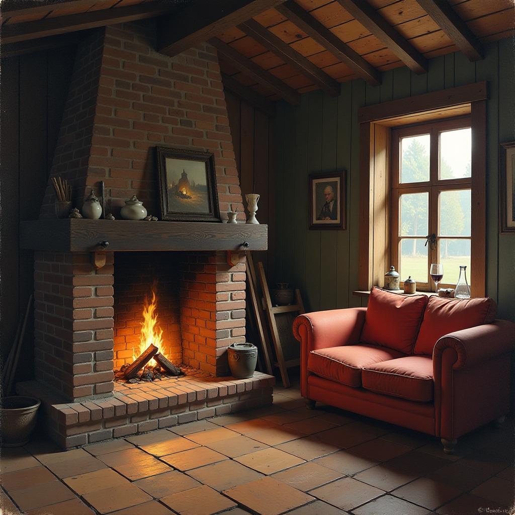  oil painting. traditional russian hut. brick stove with a couch. there's a fire in the oven.