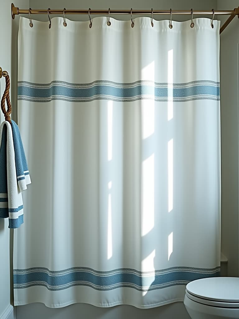  high quality portrait photo of a coastal themed shower curtain featuring a subtle nautical pattern, paired with coordinating blue and white towels and a rope shower curtain holder hyperrealistic, full body, detailed clothing, highly detailed, cinematic lighting, stunningly beautiful, intricate, sharp focus, f/1. 8, 85mm, (centered image composition), (professionally color graded), ((bright soft diffused light)), volumetric fog, trending on instagram, trending on tumblr, HDR 4K, 8K