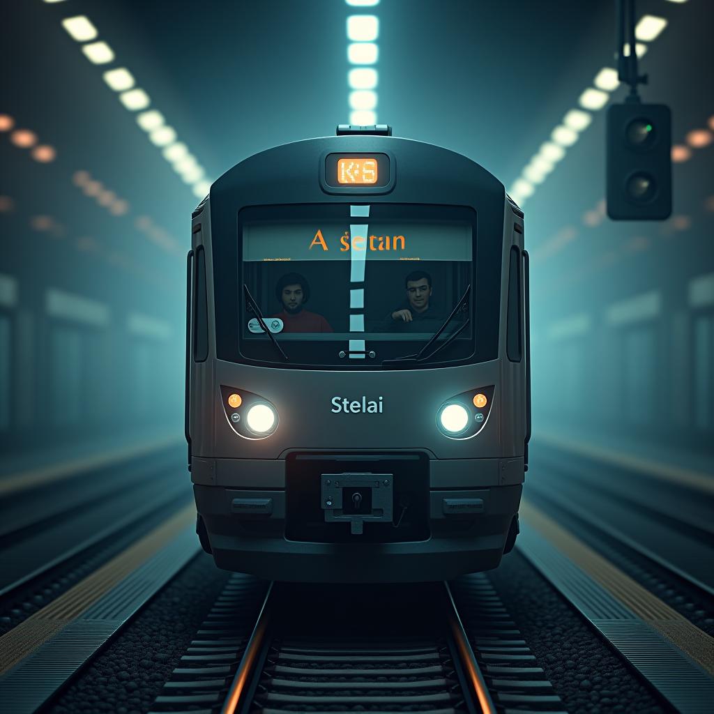  train with a brand name $stelai written in front. hyperrealistic, full body, detailed clothing, highly detailed, cinematic lighting, stunningly beautiful, intricate, sharp focus, f/1. 8, 85mm, (centered image composition), (professionally color graded), ((bright soft diffused light)), volumetric fog, trending on instagram, trending on tumblr, HDR 4K, 8K