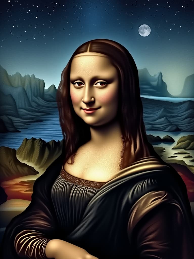  a reimagined portrait of the mona lisa set against a starry night sky. the iconic figure is depicted looking directly at the viewer with her enigmatic smile, as swirling stars and galaxies illuminate the dark blue sky behind her. her expression remains calm and mysterious, but the modern setting adds a touch of wonder and serenity. the lighting is soft, with gentle moonlight highlighting her face and the subtle textures of her clothing. the background features a blend of deep blues, purples, and twinkling stars, creating a dreamlike atmosphere that merges the classical with the celestial., award winning, professional, highly detailed, masterpiece