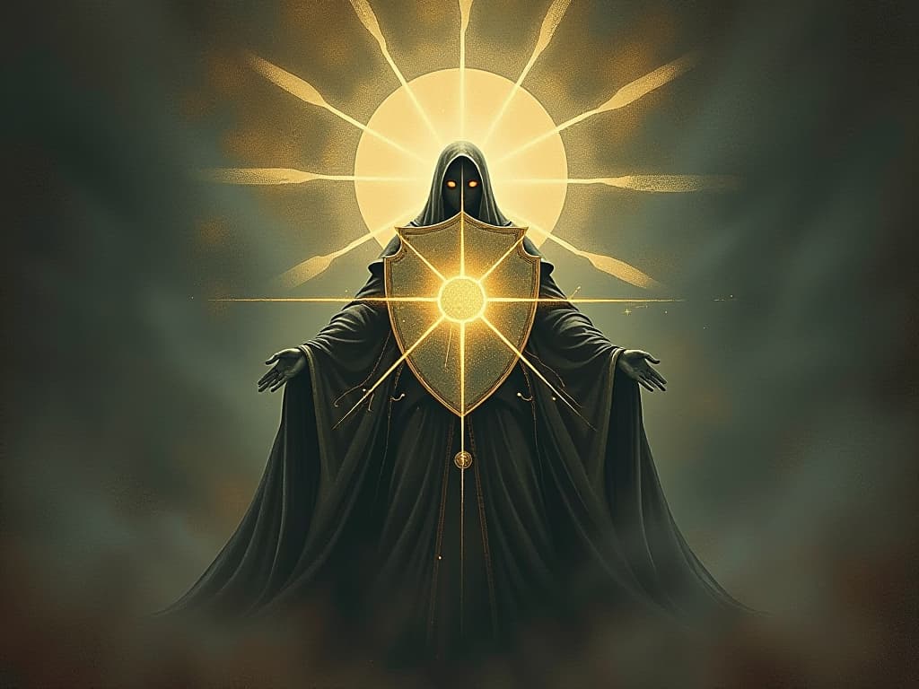  shield of light, protective and strong, surrounding a figure, radiant energy, impenetrable, sense of protection, luminous barriers, cosmic strength, serene backdrop. an illustration in the style of a worn, mystical old tarot trump card, mysterious and elements of surrealism. the colors are muted, somber and eerie, but with contrast bring out an occult and esoteric vibe.