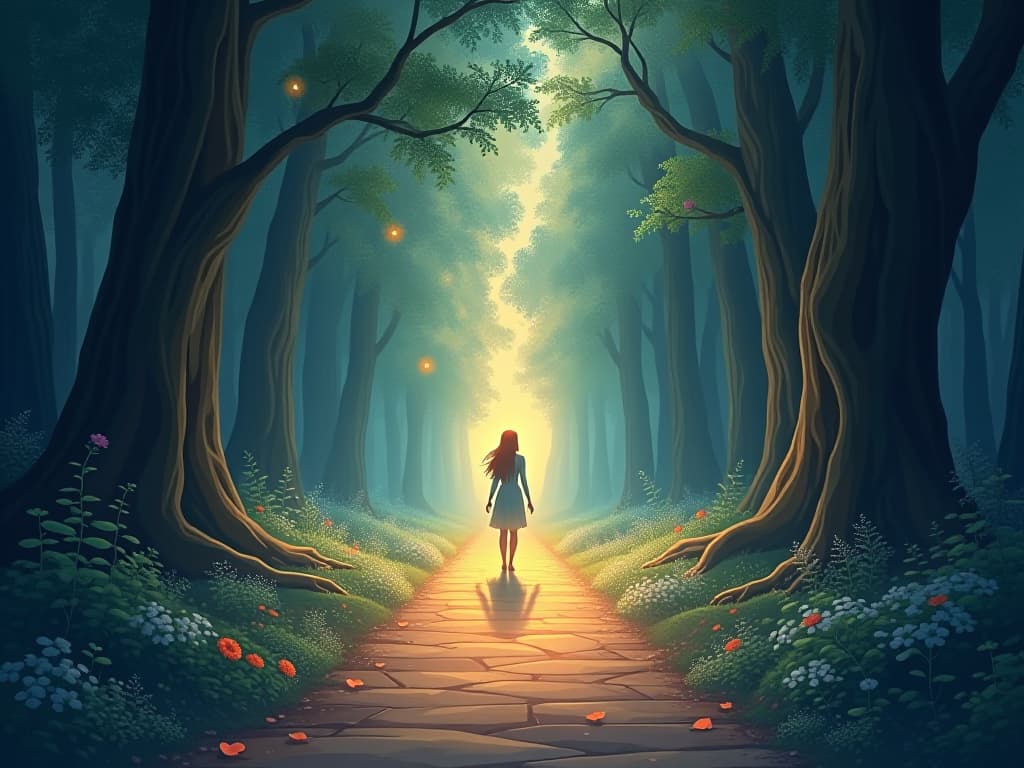  a serene, glowing path through an enchanted forest, leading to a radiant figure standing at its end. ethereal beings and celestial lights surround the scene, symbolizing a sacred, personal journey.. the style is digital art illustration,highly detailed, whimsical,magical, dreamlike atmosphere, realism and fantasy blend, smooth, glossy textures,luminous quality, wonder and enchantment.