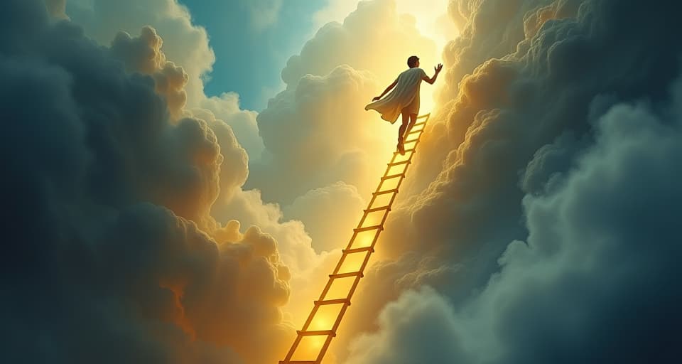  climbing figure on a luminous golden ladder, ethereal journey, glowing aura surrounding. the style is digital art illustration,highly detailed, whimsical,magical, dreamlike atmosphere, realism and fantasy blend, smooth, glossy textures,luminous quality, wonder and enchantment.