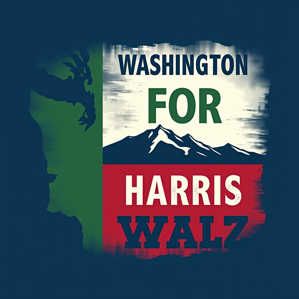  a tshirt design inspired by the washington state flag. the left side features a green vertical stripe with a large mountain in the center. the right side is divided into two horizontal sections: the top section is white with the text 'washington for' in bold, green, uppercase letters, and the bottom section is red with the text 'harris walz' in bold, white, uppercase letters. the overall layout is clean and straightforward, with a clear and patriotic color scheme of blue, white, and red.