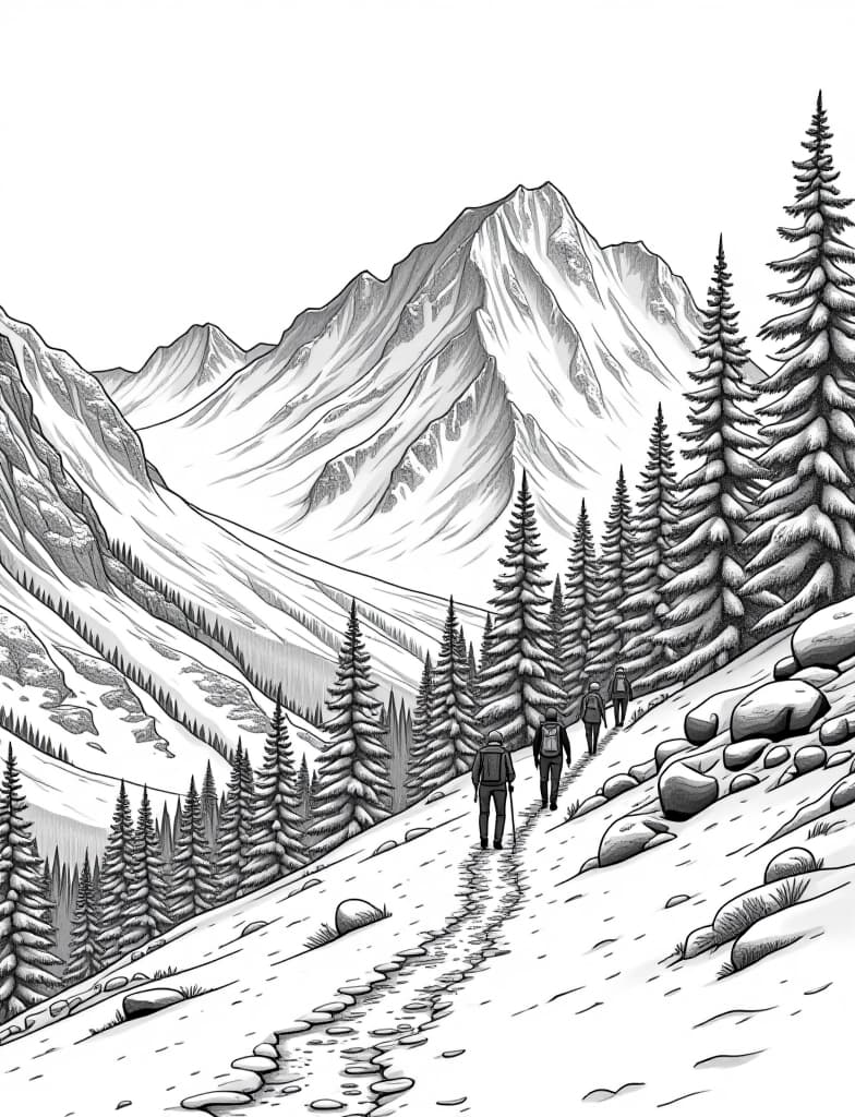  this is for an adult coloring page. a detailed black and white line art of a snowy snow covered valley with a group of hikers walking on a solid white background.