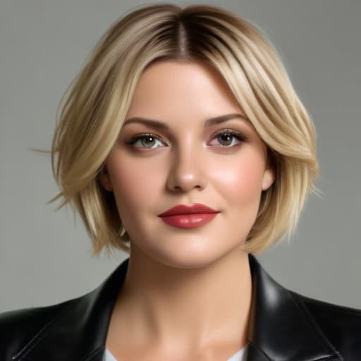 woman like Drew Barrymore, bob cut short blonde hair, leather outfit, face to camera, looking at me, realistic