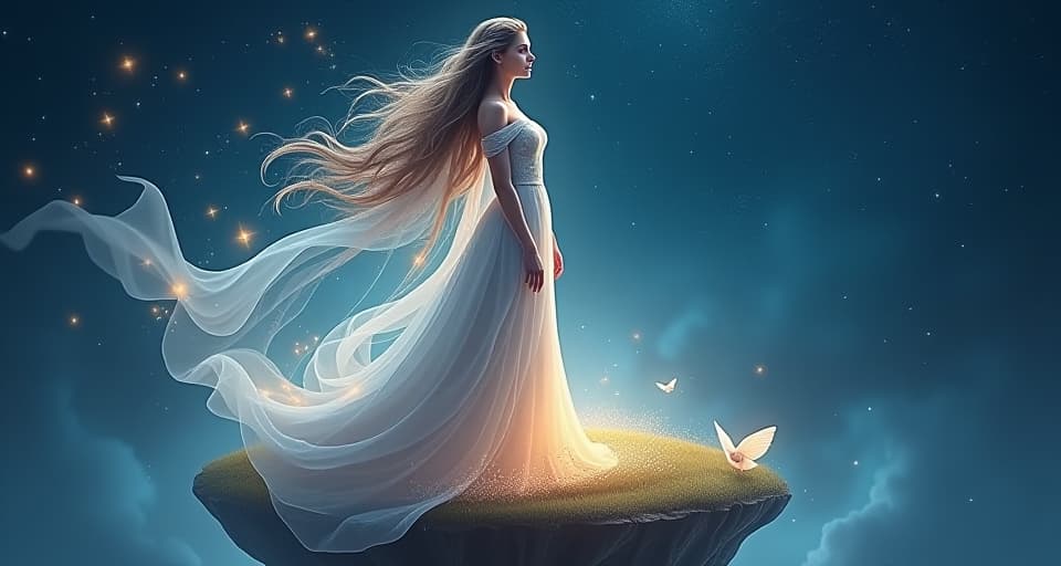  a beautiful, ethereal goddess with long, flowing hair, dressed in a gown made of starlight, standing on a floating island in a sea of stars. her face is serene, yet determined. tiny, luminous creatures flutter around her, enhancing the aura of fantasy and power.. the style is digital art illustration,highly detailed, whimsical,magical, dreamlike atmosphere, realism and fantasy blend, smooth, glossy textures,luminous quality, wonder and enchantment.