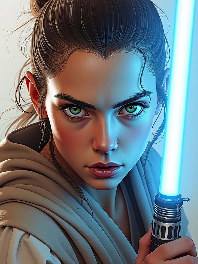  hyperrealistic art digital artwork of a rey skywalker with blue lightsaber, a pencil sketches by albert eckhout, enchanting, colorfull, sticker of a full body picture, bright turquoise eyes, special, highly detailed beautyfull face, freedom, soul, digital illustration, approaching perfection, dynamic, highly detailed, watercolor painting, artstation, concept art, smooth, sharp focus, illustration in the style of artists like russ mills, sakimichan, . extremely high resolution details, photographic, realism pushed to extreme, fine texture, incredibly lifelike hyperrealistic, full body, detailed clothing, highly detailed, cinematic lighting, stunningly beautiful, intricate, sharp focus, f/1. 8, 85mm, (centered image composition), (professionally color graded), ((bright soft diffused light)), volumetric fog, trending on instagram, trending on tumblr, HDR 4K, 8K