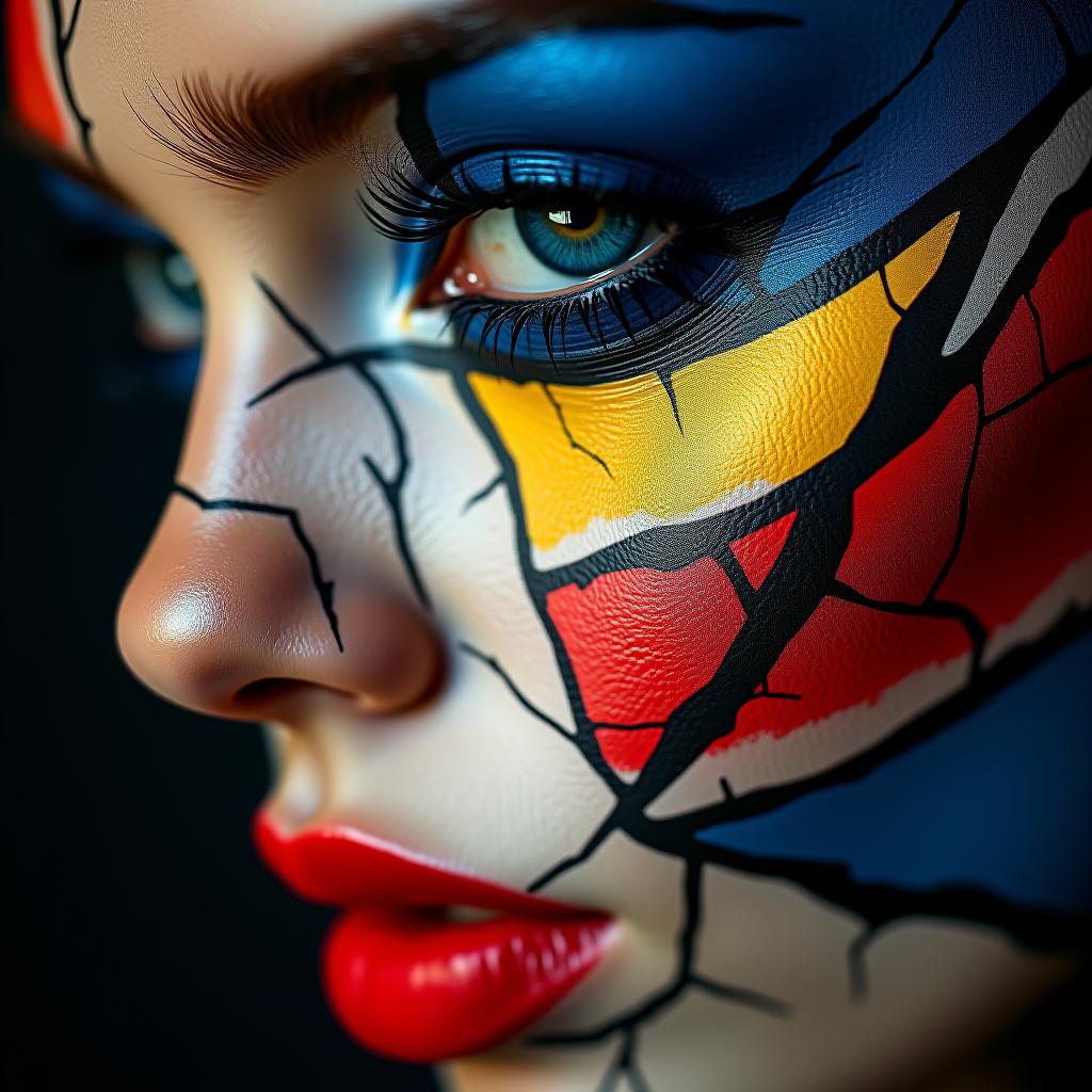  a close up portrait of a woman with vibrant, cracked paint on her face, featuring bold geometric patterns in red, blue, yellow, and white | striking blue eye and red lips | highly detailed texture with an abstract, artistic feel | dramatic, high contrast lighting