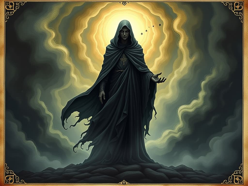  a strong, composed figure standing tall amidst swirling shadows, piercing gaze, unyielding stance, radiant aura, steadfast, resolute. an illustration in the style of a worn, mystical old tarot trump card, mysterious and elements of surrealism. the colors are muted, somber and eerie, but with contrast bring out an occult and esoteric vibe.