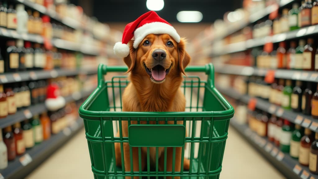  a green grocery cart with a happy red dog wearing a santa hat in it. the cart is in the liquor section of a supermarket where the christmas spirit is palpable {prompt}, maximum details