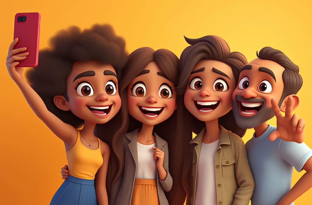  funny 3d cartoon illustration of a diverse group of friends with different skin tones and hairstyles taking a selfie, character to the right, copyspace to the left. ar 3:2 {prompt}, maximum details