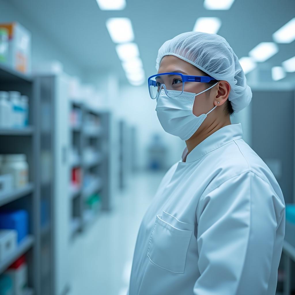  biotech facility worker in cleanroom wearing protective gear in pharmaceutical industry. concept biotech, cleanroom, protective gear, pharmaceuticals, pharmaceutical industry