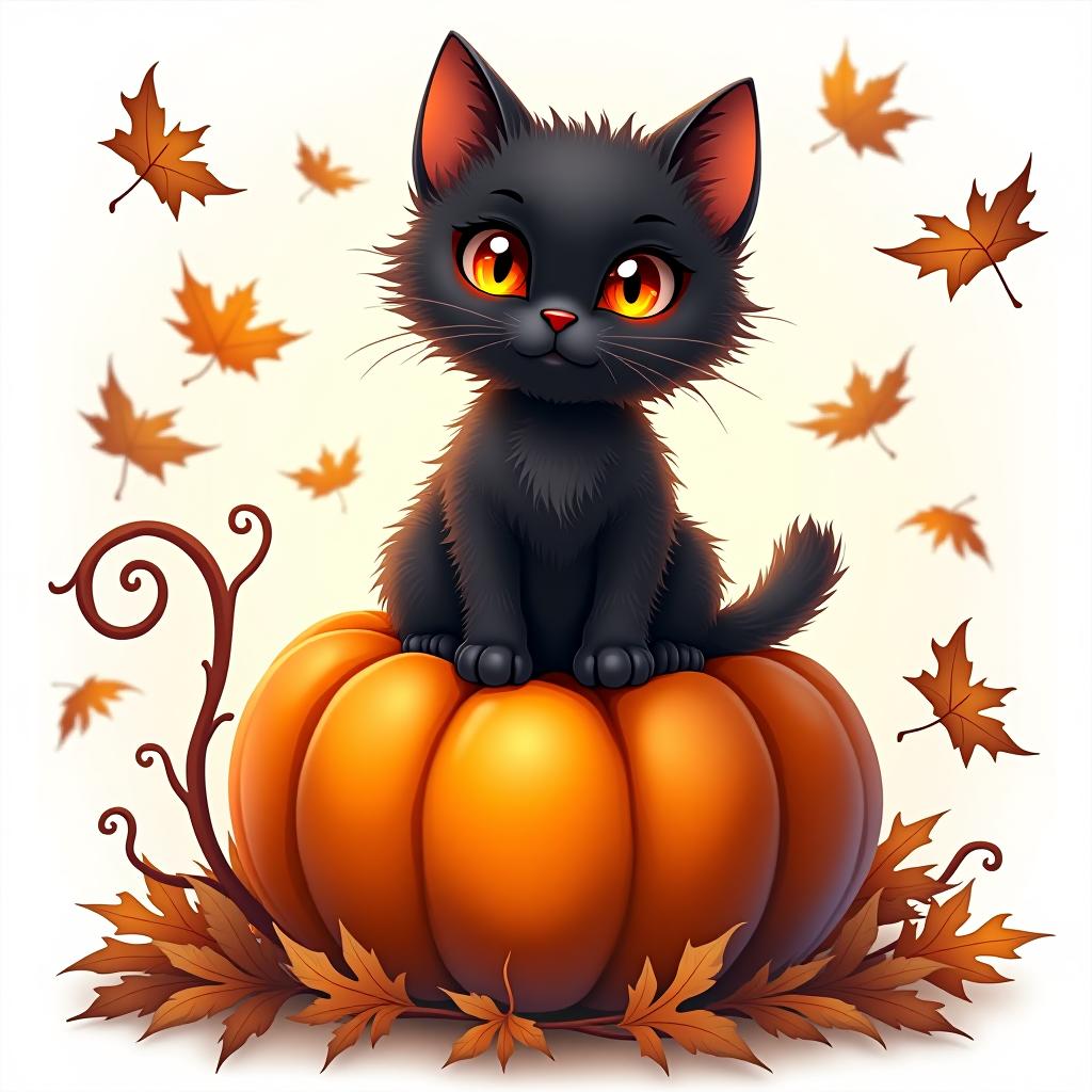  a cute black cat with glowing eyes sitting on a pumpkin, surrounded by swirling autumn leaves in a whimsical style, with warm, moody lighting. t shirt design, vector, contour, white background, no mockup hyperrealistic, full body, detailed clothing, highly detailed, cinematic lighting, stunningly beautiful, intricate, sharp focus, f/1. 8, 85mm, (centered image composition), (professionally color graded), ((bright soft diffused light)), volumetric fog, trending on instagram, trending on tumblr, HDR 4K, 8K