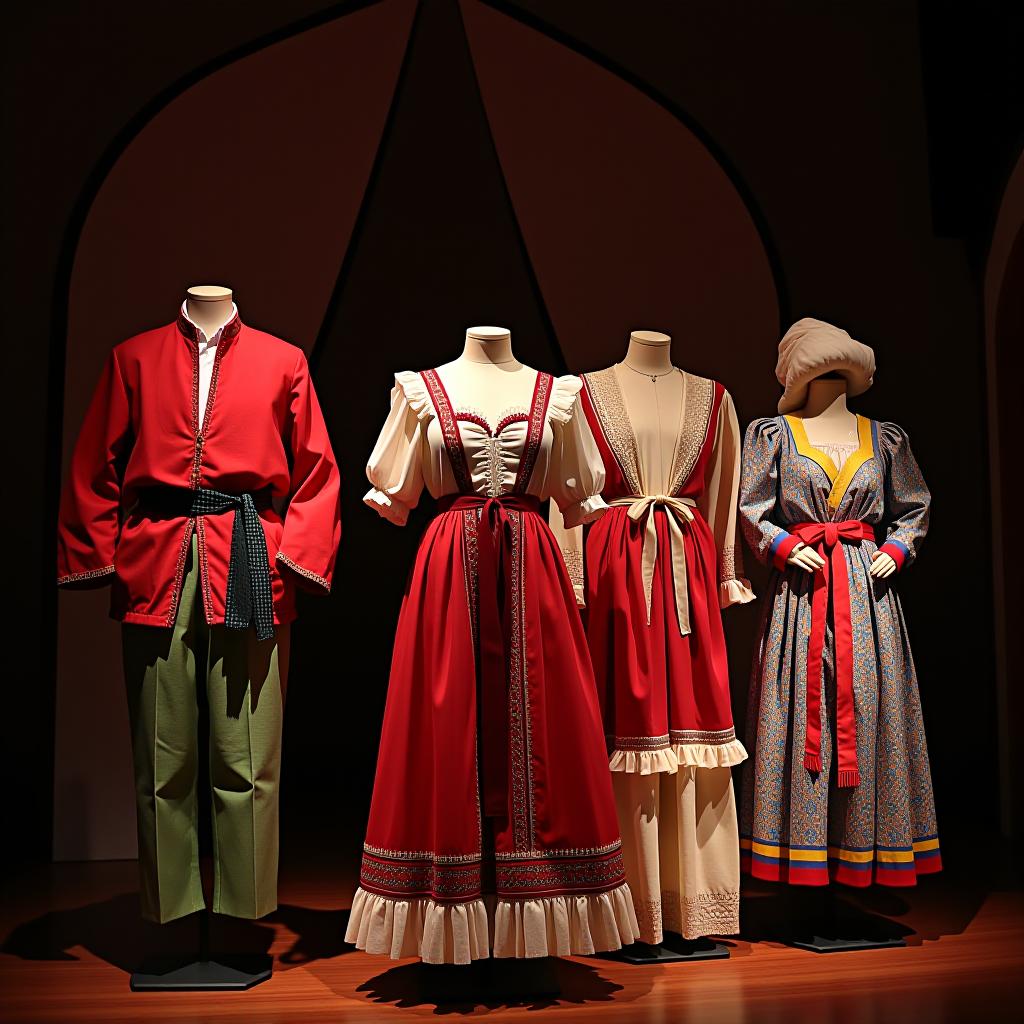  in the background, stage, theatrical, and national costumes are displayed.