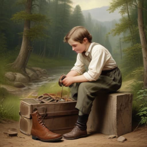 Young working as a shoe cleaner 1800s with Forests background