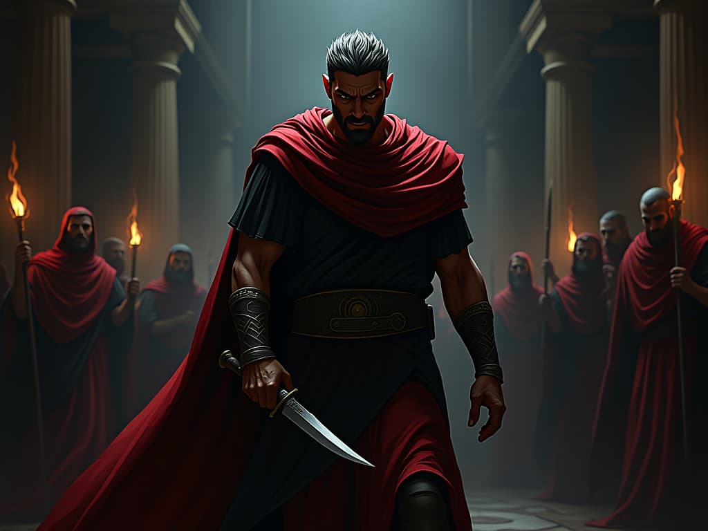  dark setting of the roman senate, brutus with a dagger in hand, toga flowing, expression of conflict and determination, shadowy figures of co conspirators in the background, torches casting a flickering light.. the style is dark fantasy and mysterious occult, symbolic, moody lighting, esoteric vibe,high detail on character design. for the color scheme emphasize blacks and reds.