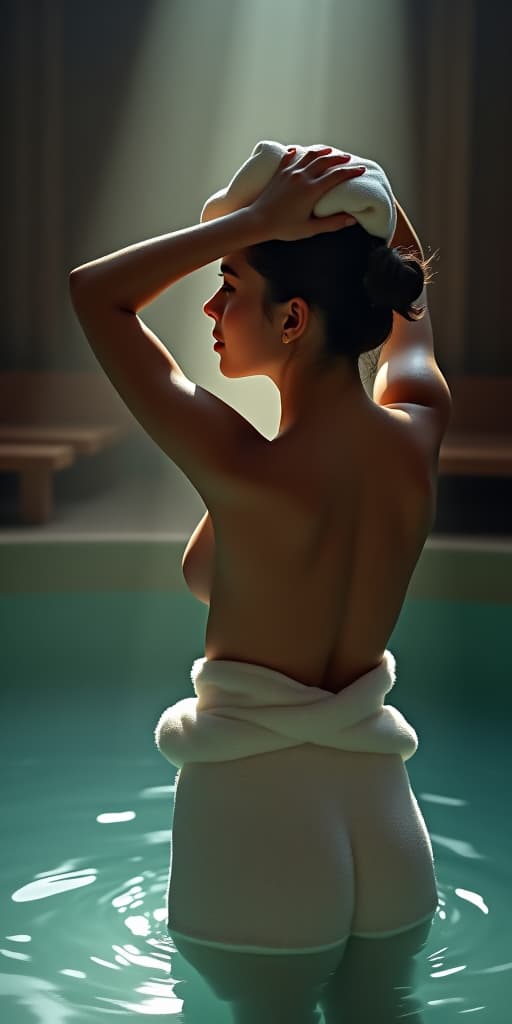  masterpiece, high quality, 4k, hdr,, clear minded in a towel at the hot springs break and a outfit break face away from the camera, side visible, hands holding the towel together above her head break dimly lit with wooden benches and a serene atmosphere