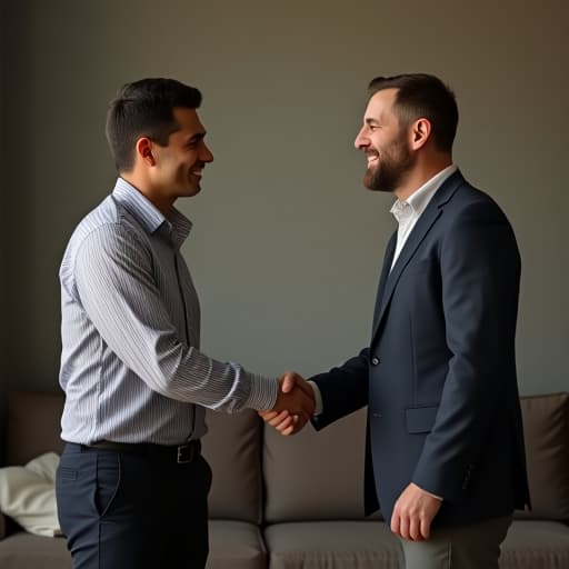  2 happy man shaking hands realistic