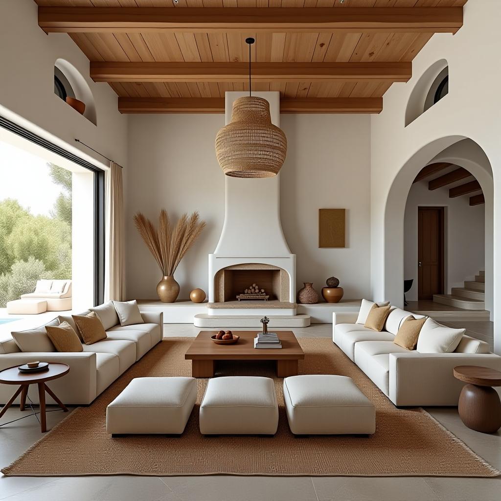  capture a hyperrealistic, unedited 8k photograph of a large living room designed in the ibicenco style, characterized by white washed walls, natural materials, and rustic elegance. this image should feature symmetrical balance, intricate details, and be professionally color graded with a bright, soft, diffused light ambiance. the primary color in the photograph is sandrift (rgb 171, 145, 122), complemented by mule fawn (rgb 140, 71, 47) and accented by wafer (rgb 222, 203, 198). additional tones include paco (rgb 65, 31, 16) and walnut (rgb 119, 63, 26), enhancing the dense furnishings and decorations against the adobe walls. the photograph should be taken from a wide point of view, capturing the essence of indoor outdoor living unique to t