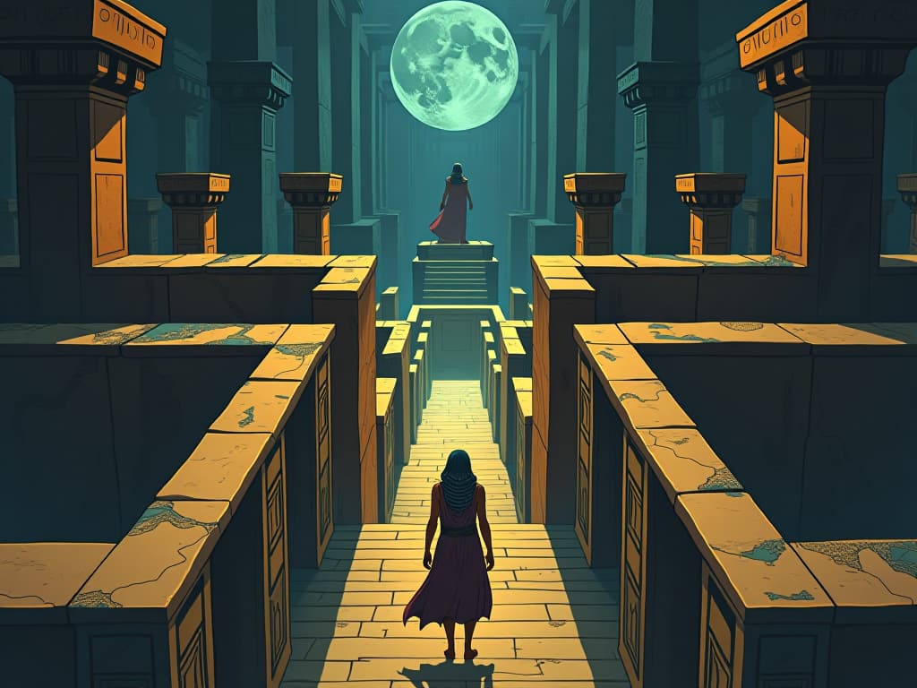  a labyrinth of ancient egyptian architecture, a wise guide leading others through the complex maze, symbolic of life’s journey. the style is digital art illustration / modern comic book / mysterious occult, symbolic, esoteric vibe,high detail on character design, incorporating ancient egyptian symbology and attire.