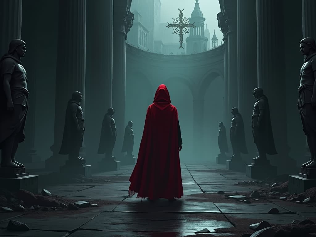  lonely figure in red hooded cloak, standing amidst shadowed ruins, empty gaze at broken statues, aura of lost connections. the style is digital art illustration / modern comic book / graphic dark novel fantasy and mysterious occult, symbolic, moody lighting, esoteric vibe,high detail on character design. for the color scheme emphasize blacks and reds.