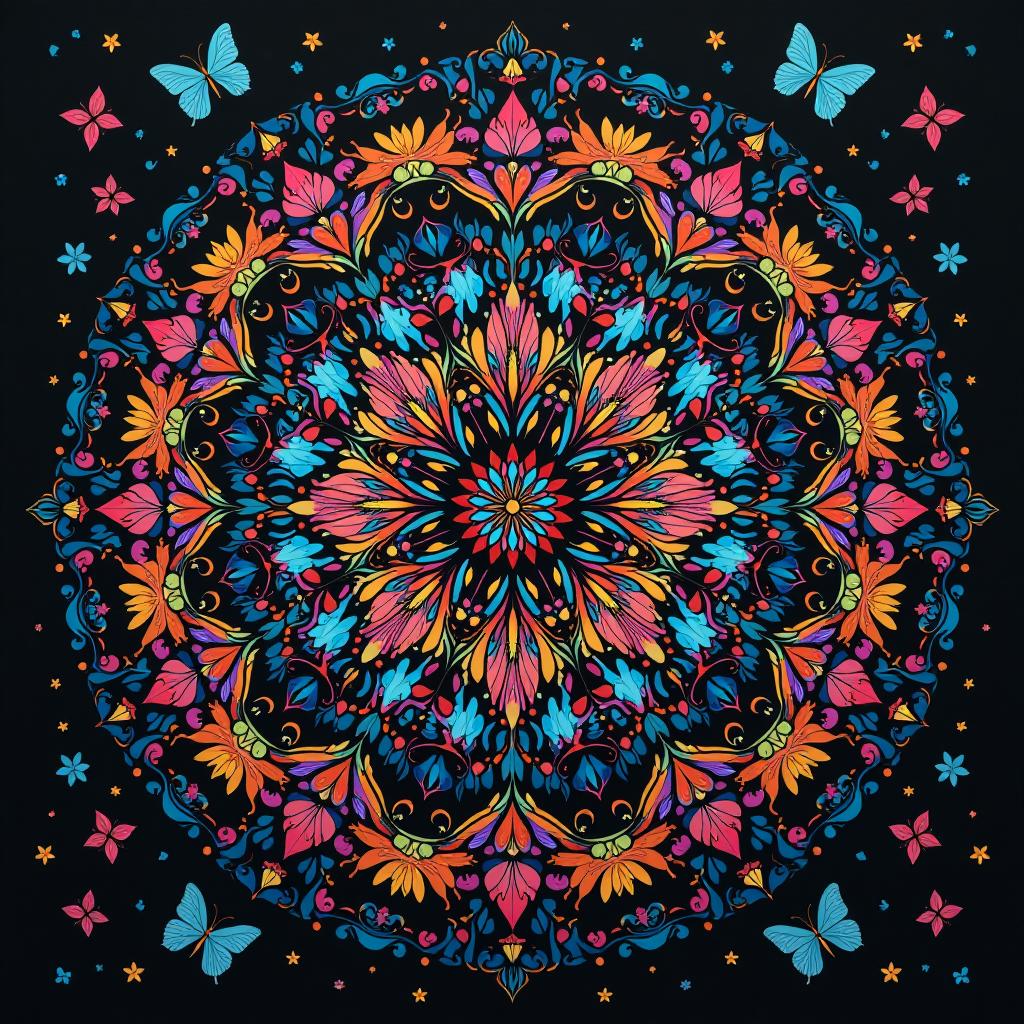  an intricate designed mandala with butterflies. in bright colors with black. in surrealistic, dream like surreal scenes style