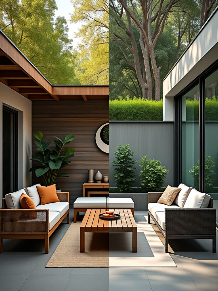  high quality portrait photo of a split screen image comparing four different patio settings, each featuring furniture made from a distinct material (e.g., teak, aluminum, synthetic rattan, and concrete), showcasing their unique aesthetics hyperrealistic, full body, detailed clothing, highly detailed, cinematic lighting, stunningly beautiful, intricate, sharp focus, f/1. 8, 85mm, (centered image composition), (professionally color graded), ((bright soft diffused light)), volumetric fog, trending on instagram, trending on tumblr, HDR 4K, 8K