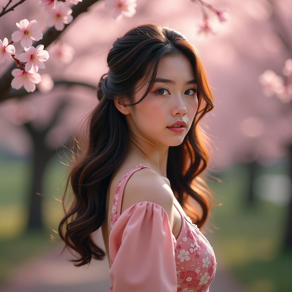  a brunette with wavy hair stands with her back to the camera against a backdrop of cherry blossoms. hyperrealistic, full body, detailed clothing, highly detailed, cinematic lighting, stunningly beautiful, intricate, sharp focus, f/1. 8, 85mm, (centered image composition), (professionally color graded), ((bright soft diffused light)), volumetric fog, trending on instagram, trending on tumblr, HDR 4K, 8K