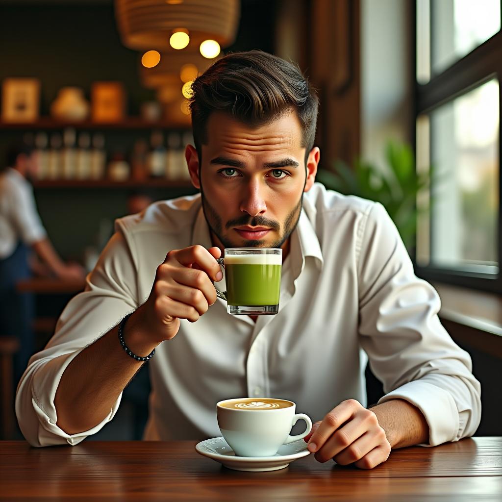  man drinking a matcha at a cafe1, masterpiece, best quality