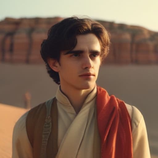 Timothy Chalamet from Dune standing in dystil costume in dessert looking into the distance (face to the viewer side). In the style of Wes Anderson and the main character should be in the middle of photo