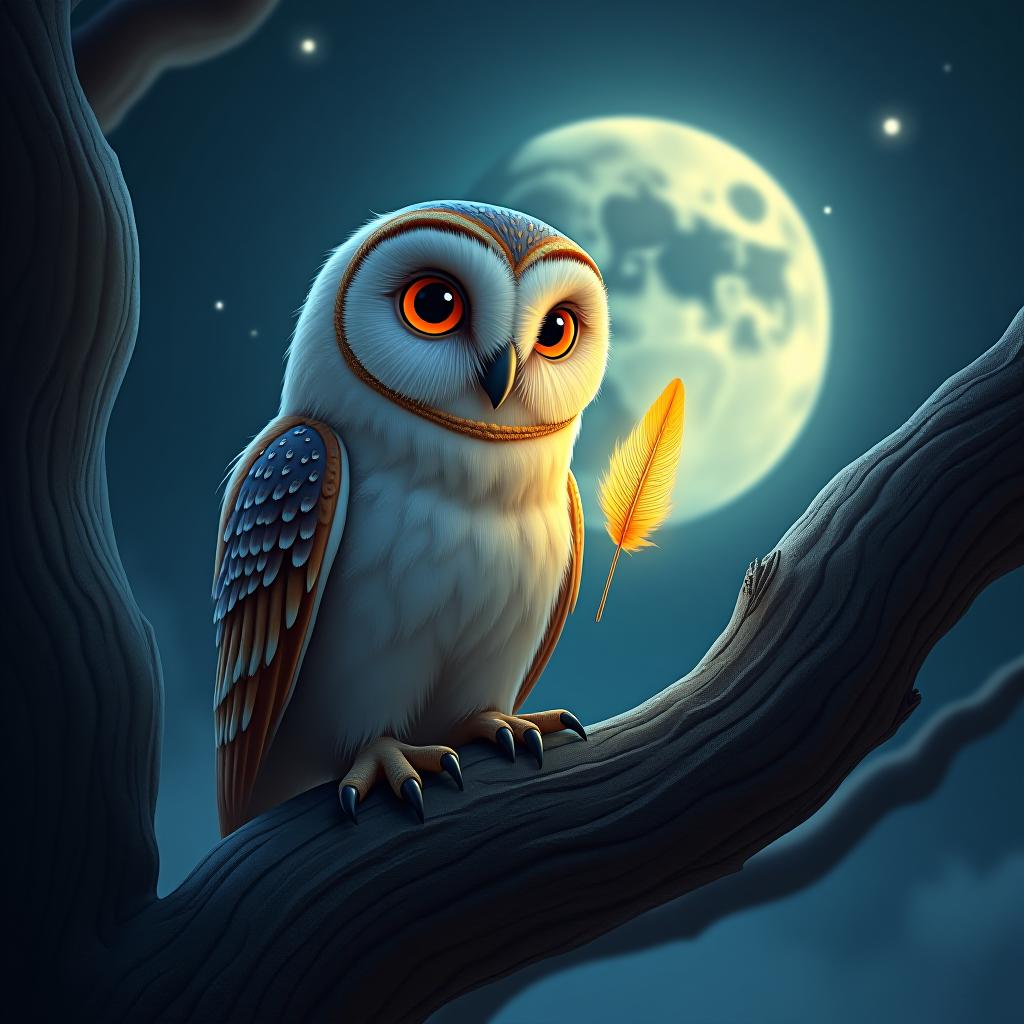  create a high quality, photorealistic image that vividly depicts the following scene: an incredibly detailed, ultra realistic depiction of ollie, the magical owl in moonlit hues, eyes sparkling with wisdom and a gentle soft feather held in his beak, glows with a hypnotizing radiance. his face radiates a soothing serenity as he's nestled on a twisted branch of an ancient, enormous tree. the background is veiled in the deep, indigo sky studded with shimmering stars while the dream like adventures of love, friendship, and courageous quests are subtly mirrored in the glowing feather. photographed with canon eos r3, f/1.4, iso 200, 1/160s, 8k, raw, and balanced symmetry; unedited natural moonlight dramatically enlivens this visual narrative hyperrealistic, full body, detailed clothing, highly detailed, cinematic lighting, stunningly beautiful, intricate, sharp focus, f/1. 8, 85mm, (centered image composition), (professionally color graded), ((bright soft diffused light)), volumetric fog, trending on instagram, trending on tumblr, HDR 4K, 8K