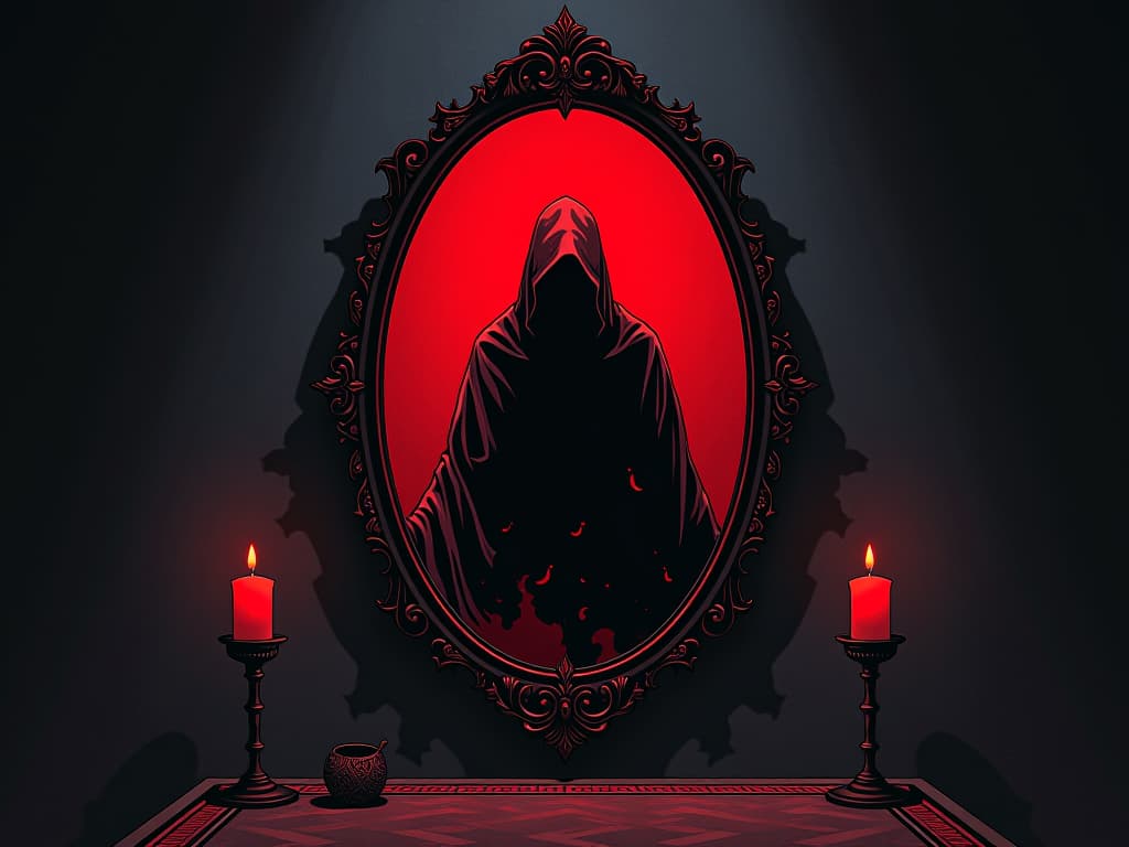  eldritch mirror with red frame, reflecting ghostly figure's actions, shadowy background, symbols of truth, mysterious and eerie. the style is digital art illustration / modern comic book / graphic dark novel fantasy and mysterious occult, symbolic, moody lighting, esoteric vibe,high detail on character design. for the color scheme emphasize blacks and reds.