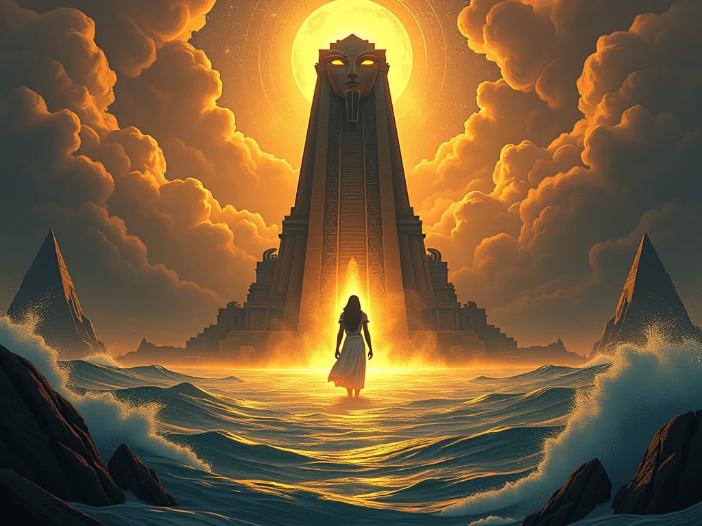  primordial landscape with rising benben stone, glowing with a celestial aura, surrounded by swirling waters, golden rays breaking through clouds, aura of creation and cosmic wisdom. the style is digital art illustration / modern comic book / mysterious occult, symbolic, esoteric vibe,high detail on character design, incorporating ancient egyptian symbology and attire.