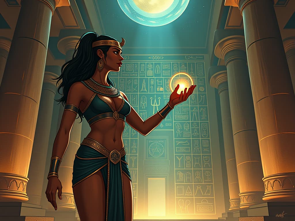  an ancient egyptian temple with celestial murals, a large busted priestess in form fitting attire, hand hovering over glowing hieroglyphs, depicting alternate realms, atmosphere of discovery and wonder. the style is digital art illustration / modern comic book / mysterious occult, symbolic, esoteric vibe,high detail on character design, incorporating ancient egyptian symbology and attire.