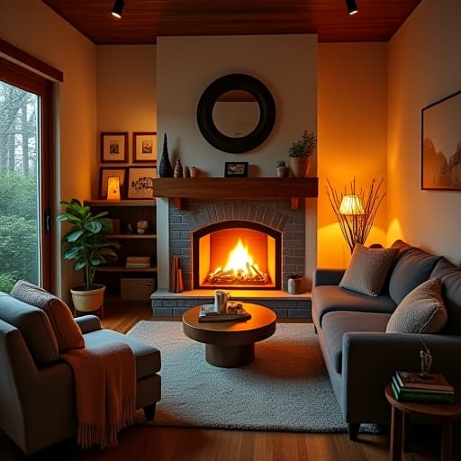  a cozy living room with a crackling fireplace, soft ambient lighting, plush throw blankets, and a warm color palette.