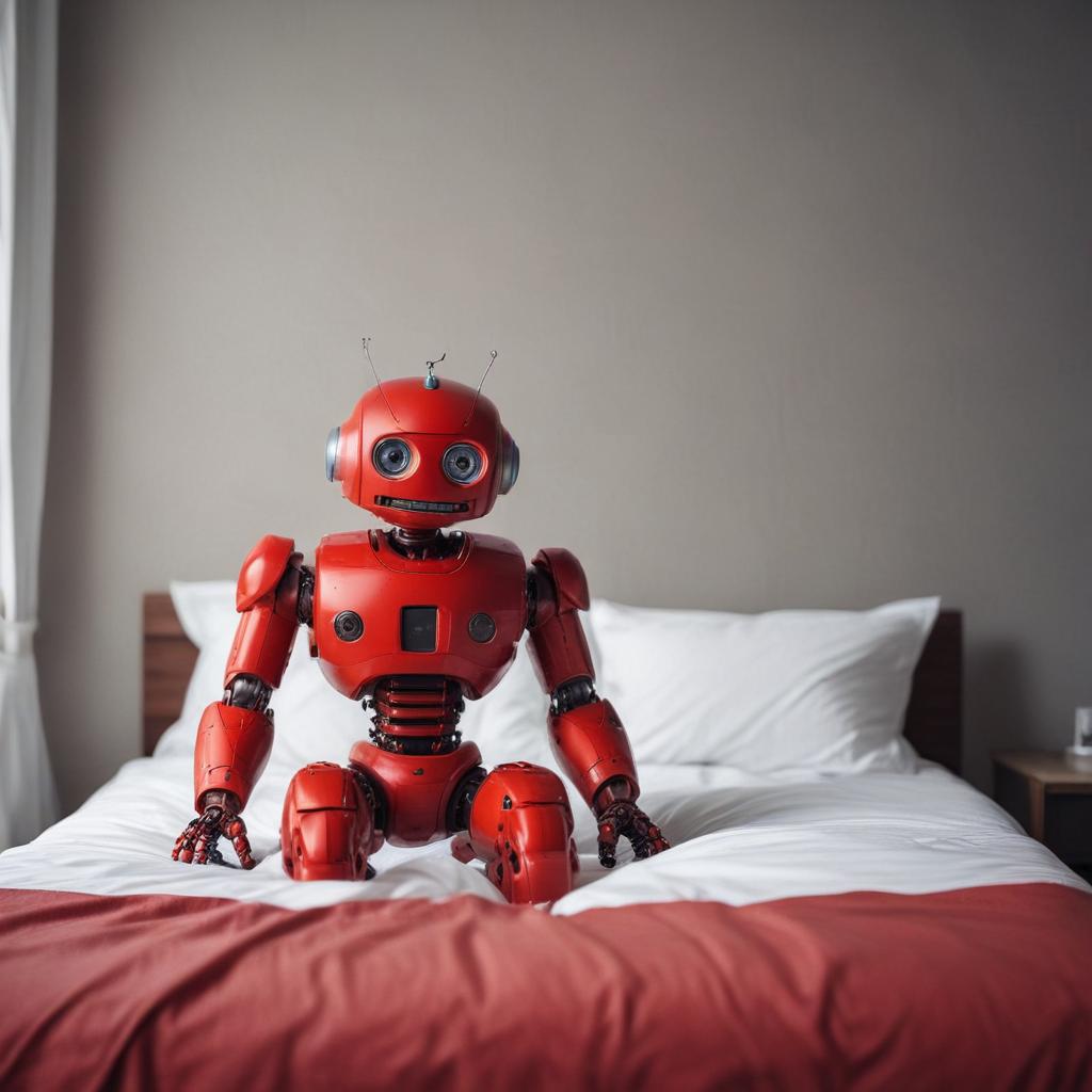 red robot on a bed