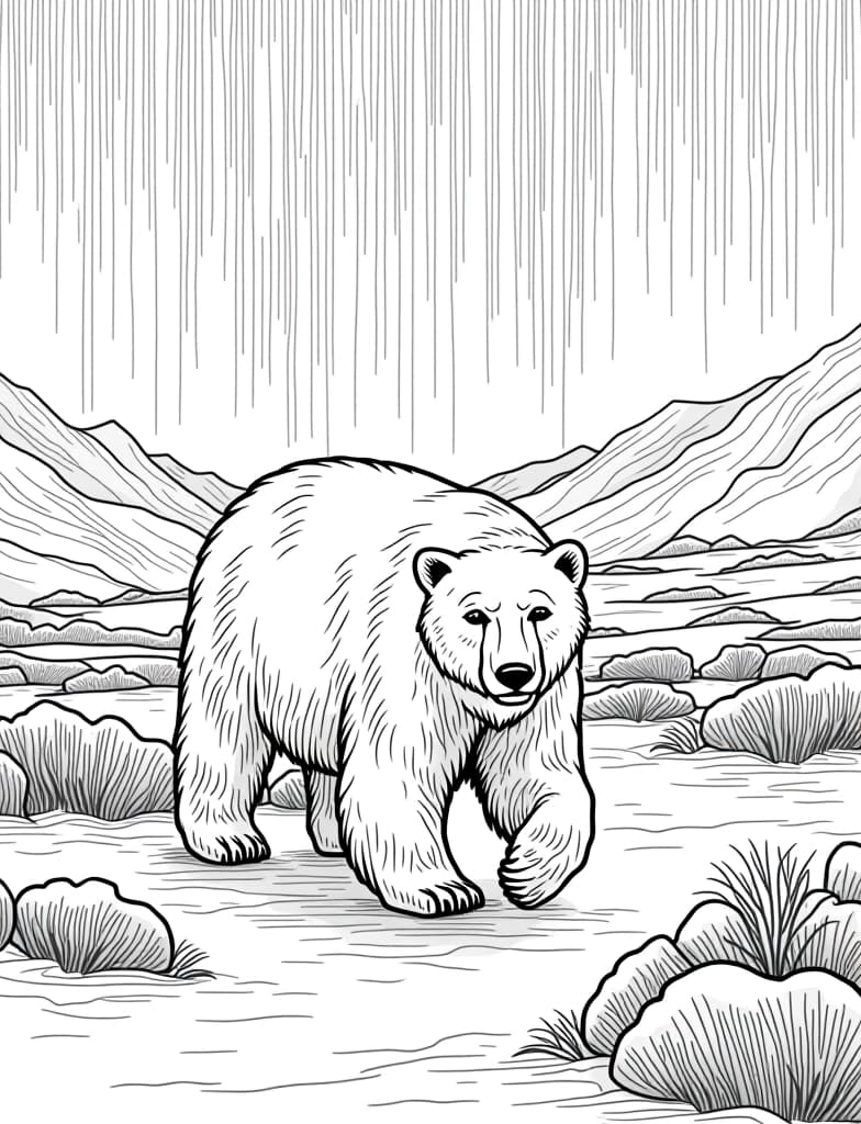  this is for an adult coloring page. a detailed black and white line art of a snowy polar bear walking across a snowy landscape under the northern lights on a solid white background.