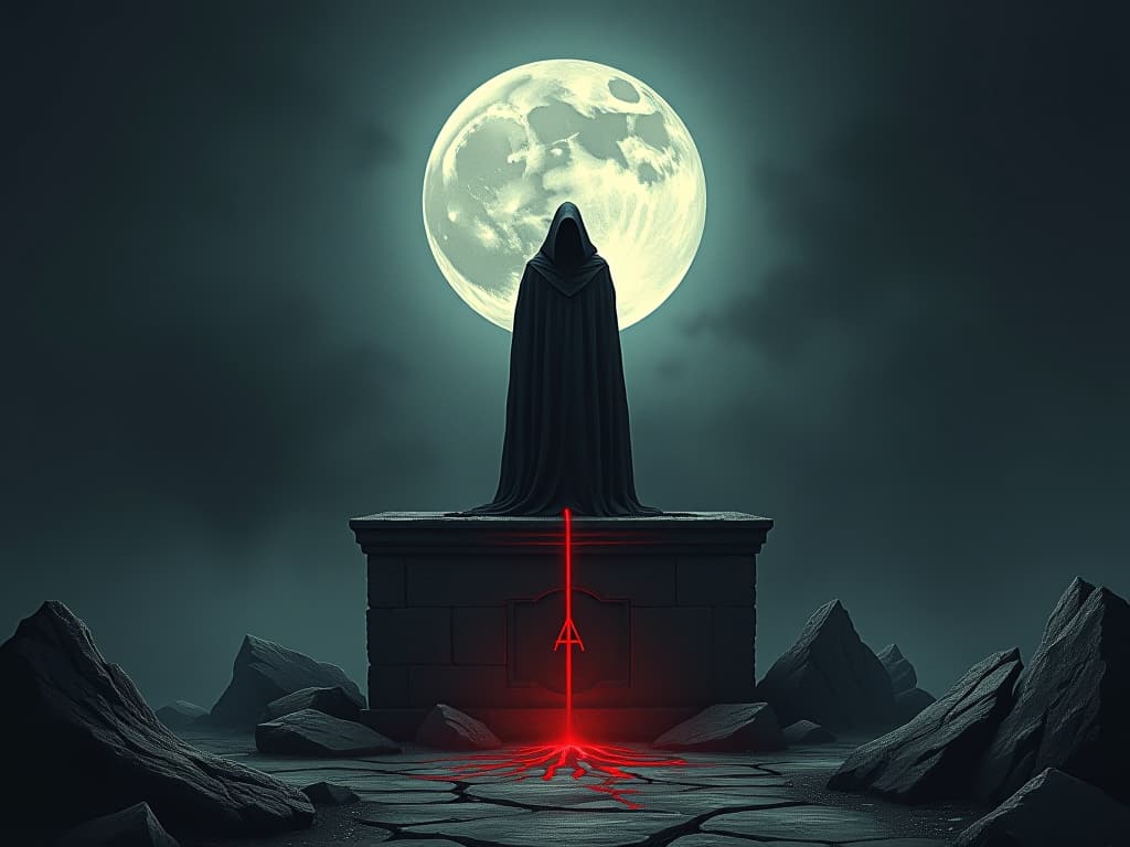  crumbling stone pedestal with cracks, dark moonlit background, sense of loss, degradation. the style is dark fantasy and mysterious occult, symbolic, moody lighting, esoteric vibe,high detail on character design. for the color scheme emphasize blacks and reds.