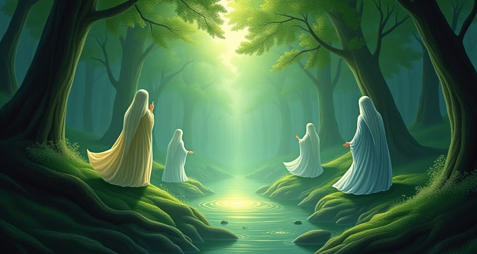  a serene forest with a glowing spring, surrounded by ethereal beings in flowing robes. they move gracefully, manifesting the struggle turned into a triumph of faith and integrity.. the style is digital art illustration,highly detailed, whimsical,magical, dreamlike atmosphere, realism and fantasy blend, smooth, glossy textures,luminous quality, wonder and enchantment.