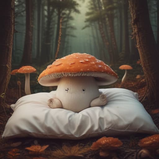 A sleepy mushroom in a cozy bed within a magical, abstract forest. in ستيمبانك style with الفضاء background