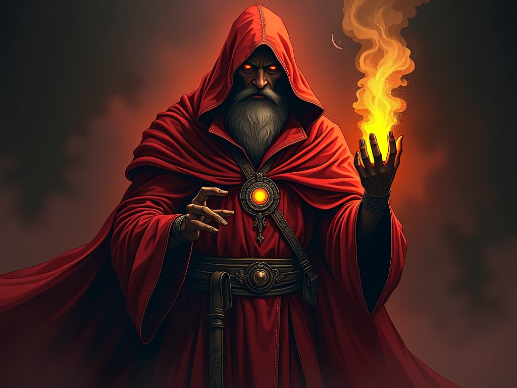  alchemist in red robes, distilling glowing golden essence from shadowy substance, aura of purification and discernment. the style is digital art illustration / modern comic book / graphic dark novel fantasy and mysterious occult, symbolic, moody lighting, esoteric vibe,high detail on character design. for the color scheme emphasize blacks and reds.