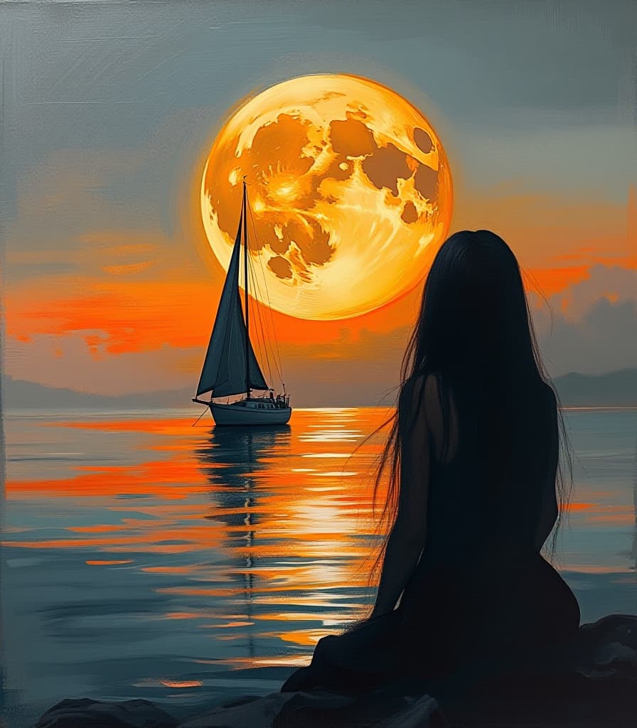  abstract style expressionist acryl painting (double exposure:1.3) captures a serene scene of a dreaming woman (dark silhouette:1.2) in the foreground, a sailboat on the water with a large, detailed view of the moon in the background. the moon appears disproportionately large compared to the boat, that creates the sense of depth. the sunset sky has an orange and gray hue. perfect composition, beautifully detailed. the overall composition creates a peaceful and almost surreal atmosphere, with the sailboat seemingly sailing towards the moon. the contrast between the dark silhouette of the long haired woman and the bright, glowing moon adds to the visual impact of the image. . non representational, colors and shapes, expression of feelings, im