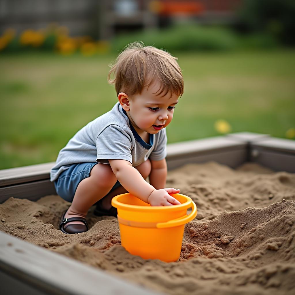  the child is playing in the sandbox with a bucket.