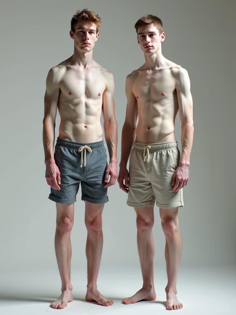  hdr photo of two skinny tall dudes without a outfit and with no clothes on. their skin is ((white)). we see them at full height and ((in full growth)). . high dynamic range, vivid, rich details, clear shadows and highlights, realistic, intense, enhanced contrast, highly detailed