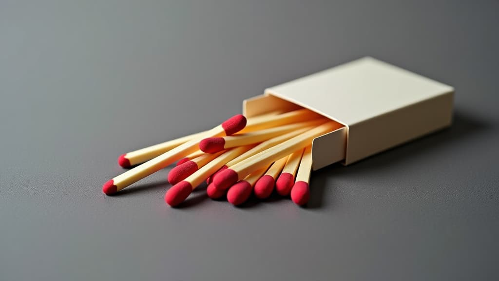  open matchbox full of matches lying on gray background