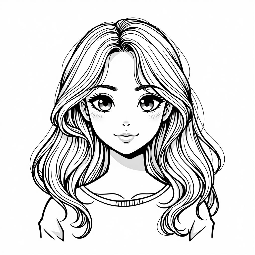  centered black and white high contrast line drawing, coloring book style,logo of "girl", monochrome, blank white background