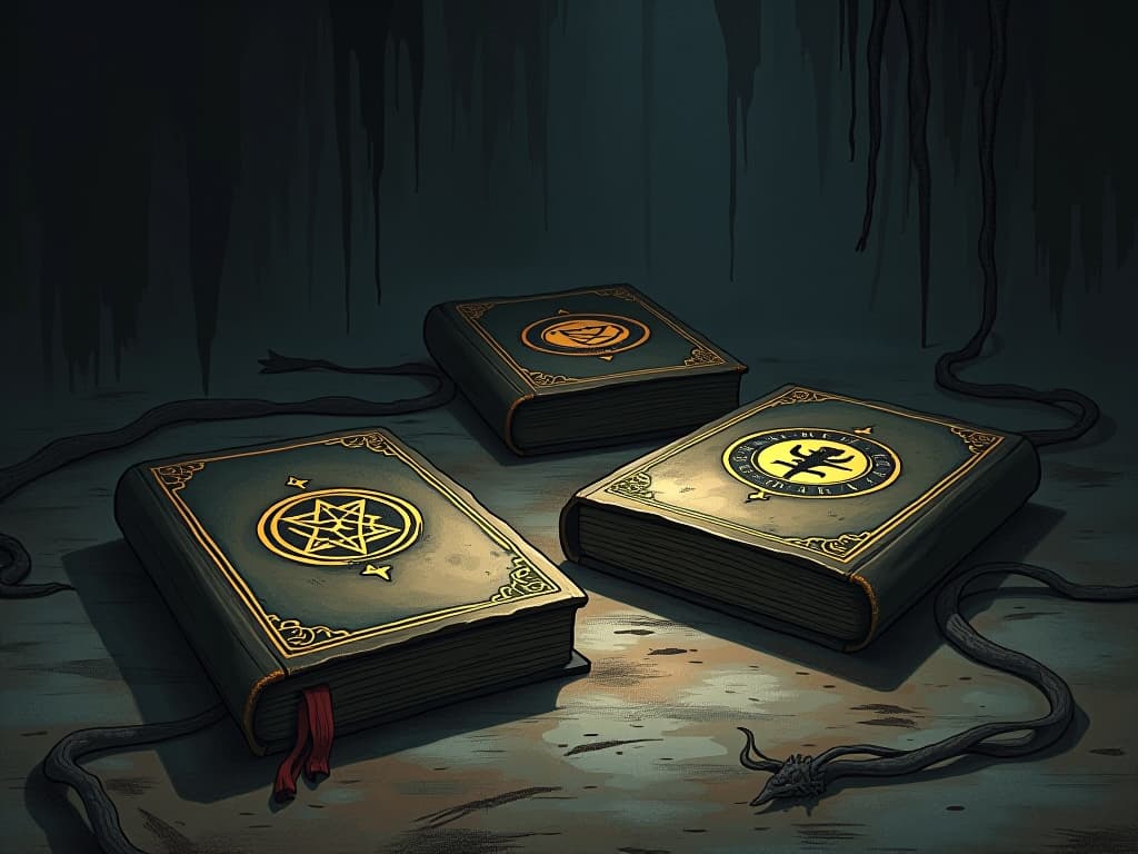  books with dark, worn covers, symbols and runes glowing faintly, shadows slithering across the floor, unsettling, foreboding atmosphere. an illustration in the style of a worn, mystical old tarot trump card, mysterious and elements of surrealism. the colors are muted, somber and eerie, but with contrast bring out an occult and esoteric vibe.