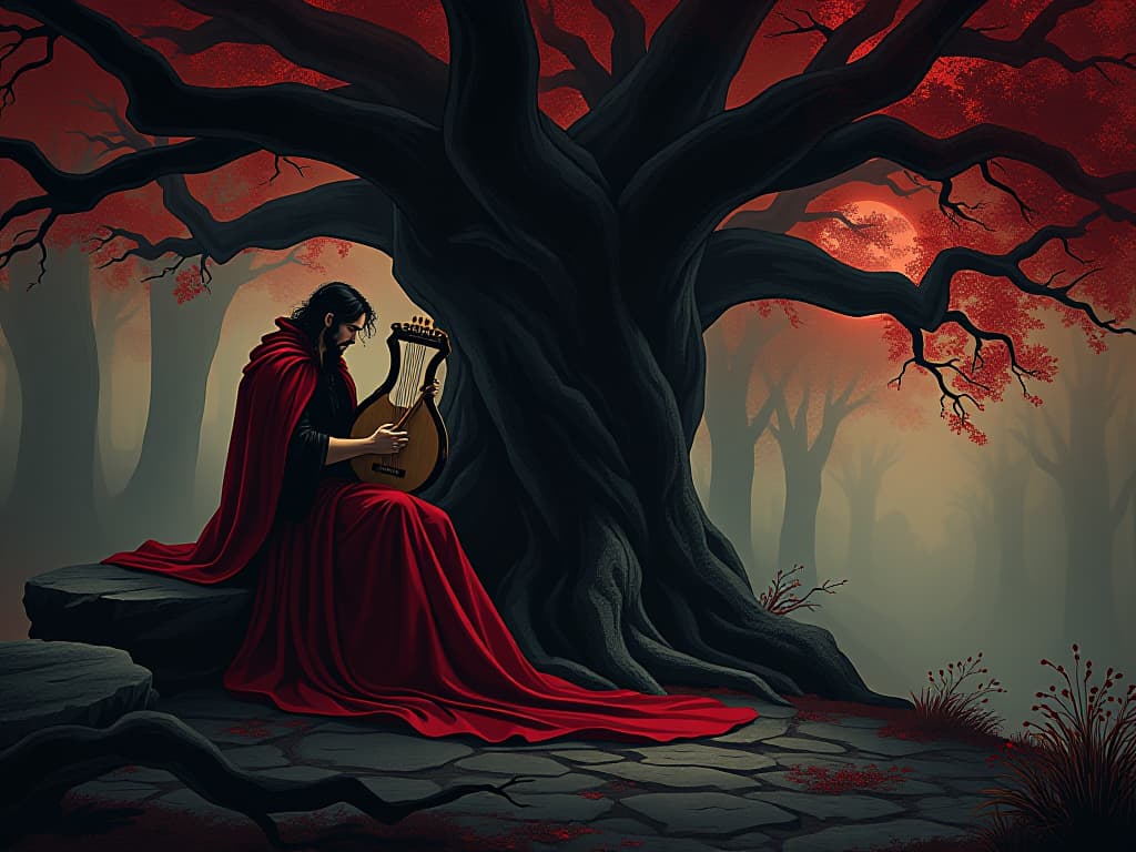  bard in red attire, playing a lyre under an ancient tree, sense of sharing wisdom and growth through stories. the style is digital art illustration / modern comic book / graphic dark novel fantasy and mysterious occult, symbolic, moody lighting, esoteric vibe,high detail on character design. for the color scheme emphasize blacks and reds.